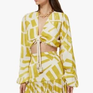 House of Harlow 1960 Linen Blend Yellow Patterned Women's Crop Top Small